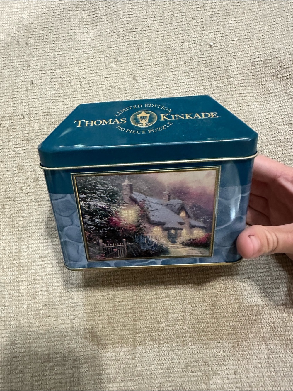 Vintage 2006 Thomas Kinkade Teal Metal Puzzle Tin with Cottage Artwork